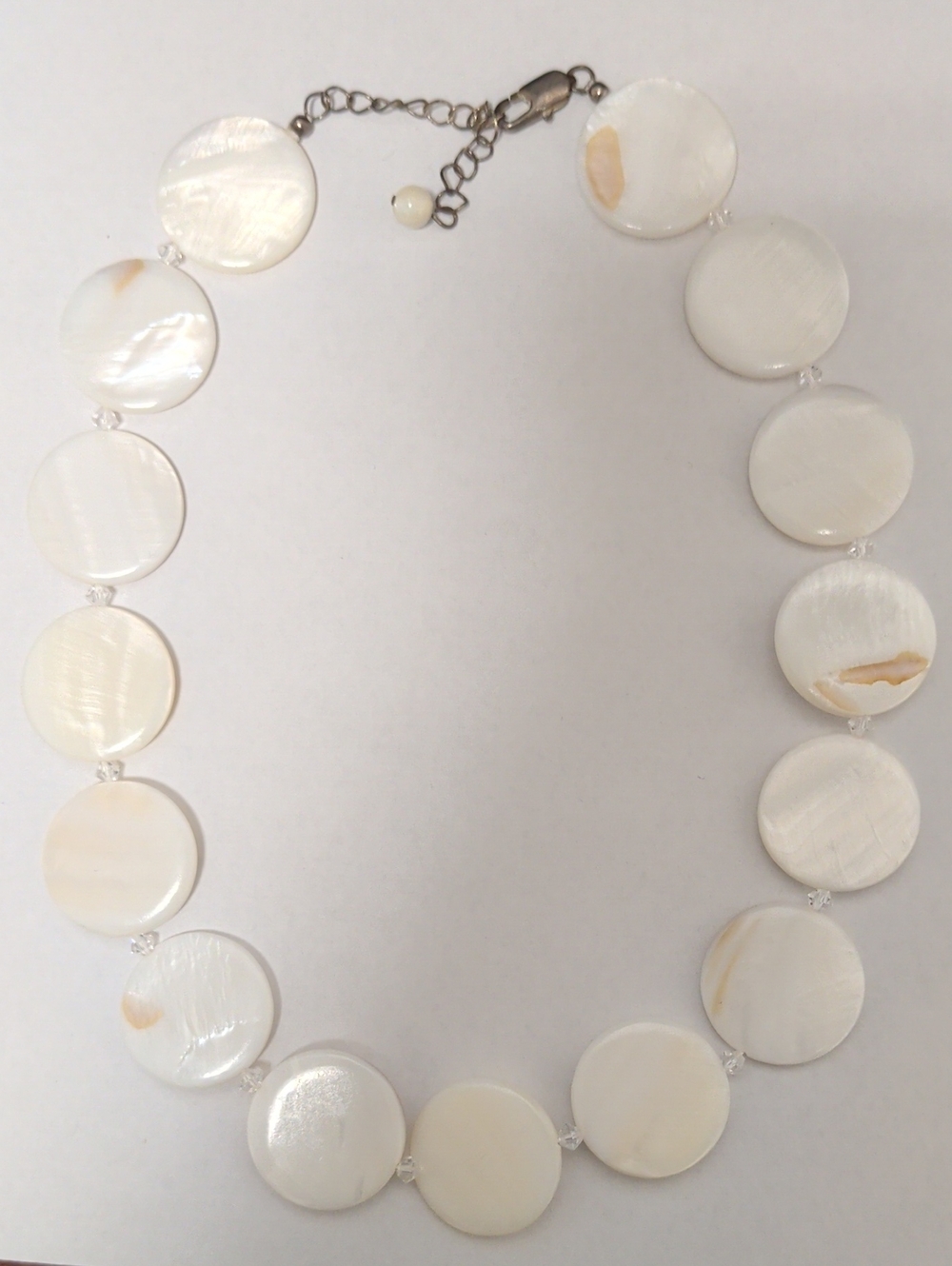 Mother-of-Pearl Necklace White Discs w/ Crystal Spacers Elegant Coastal Grandma